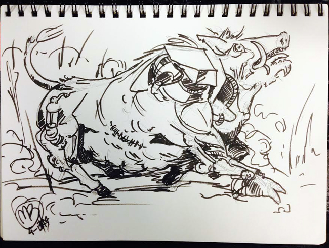 It's a bull on the run! Or is it a mutated boar/robot?