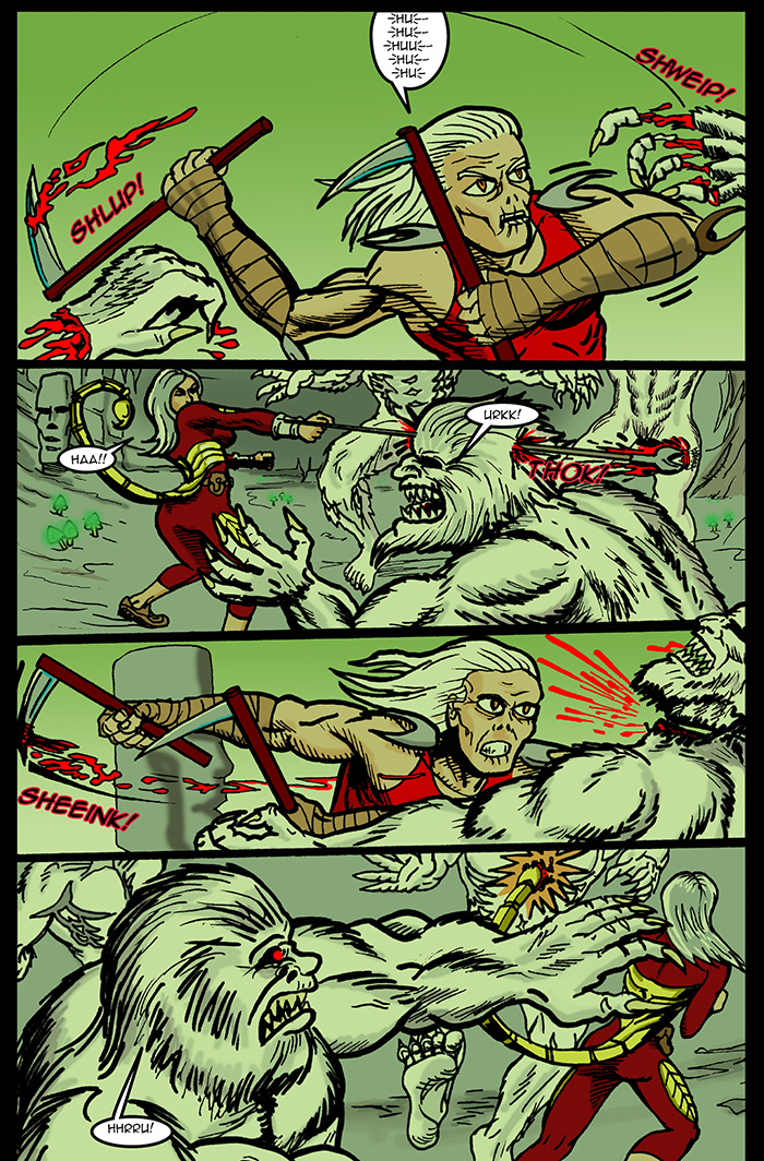 Which is a better move?  Scorp chopping the fingers off that beast in panel 1 or Anna impaling that creatures head in panel 2?  Both pretty vicious...