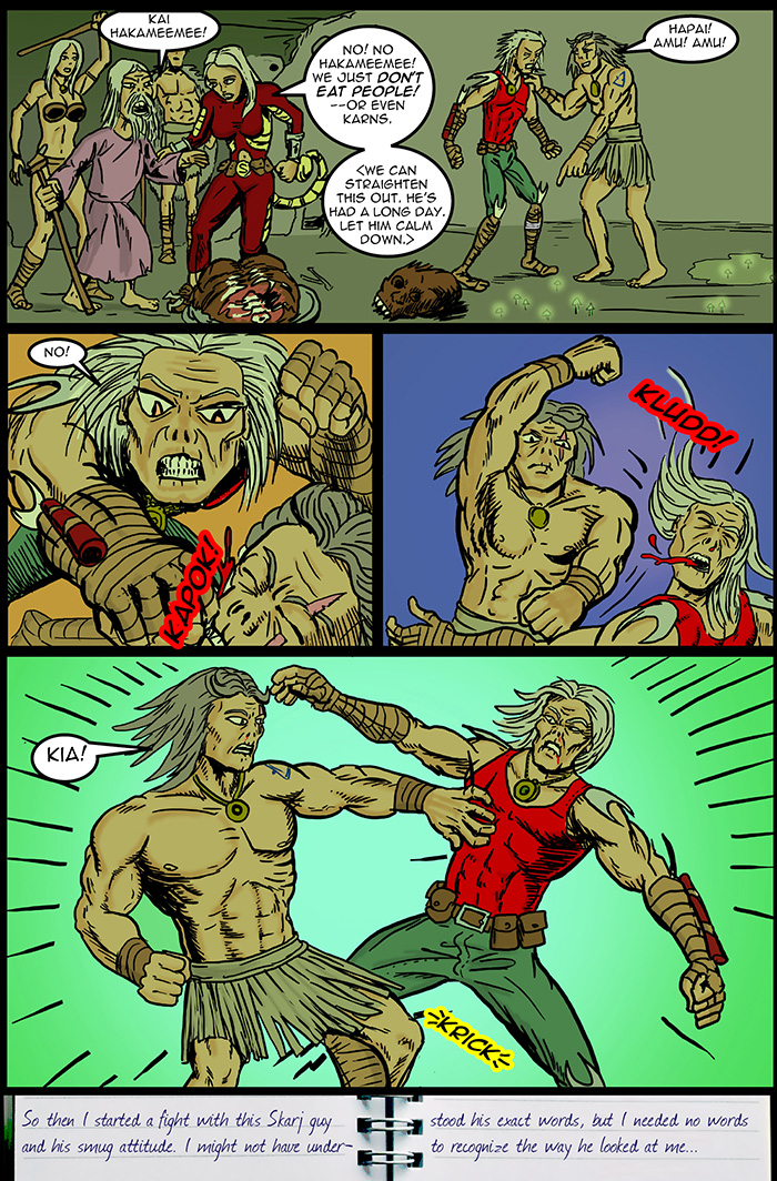 Even if you do not translate the text, it should be obvious what Skarj is saying in panel 1.